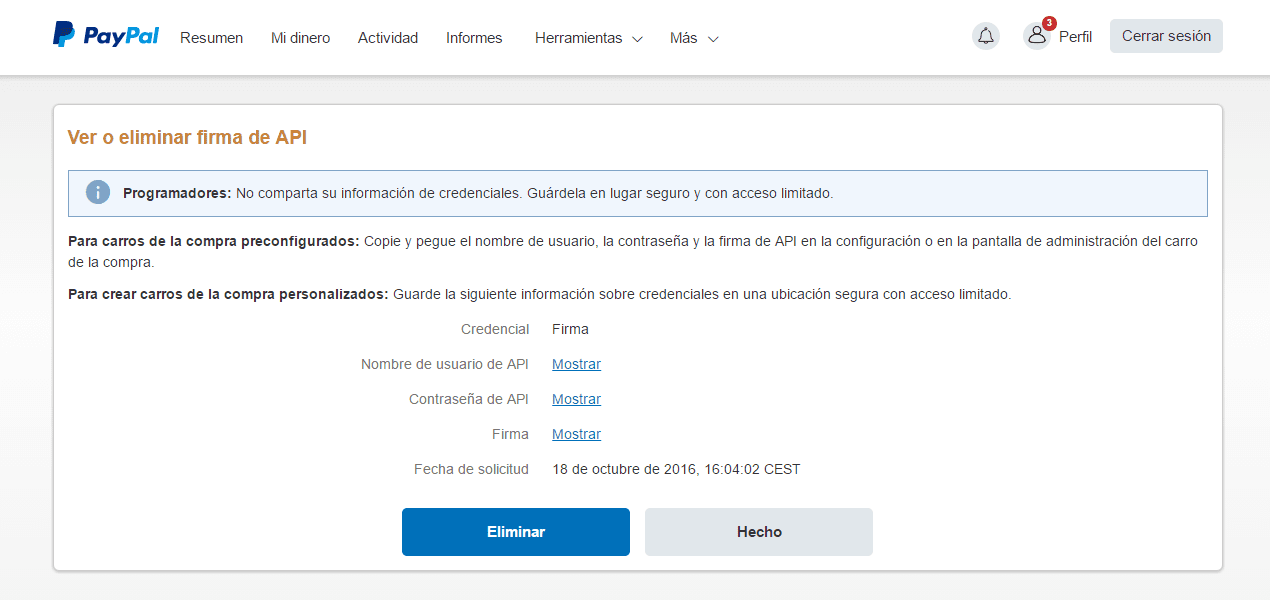 Copiar credenciales Paypal