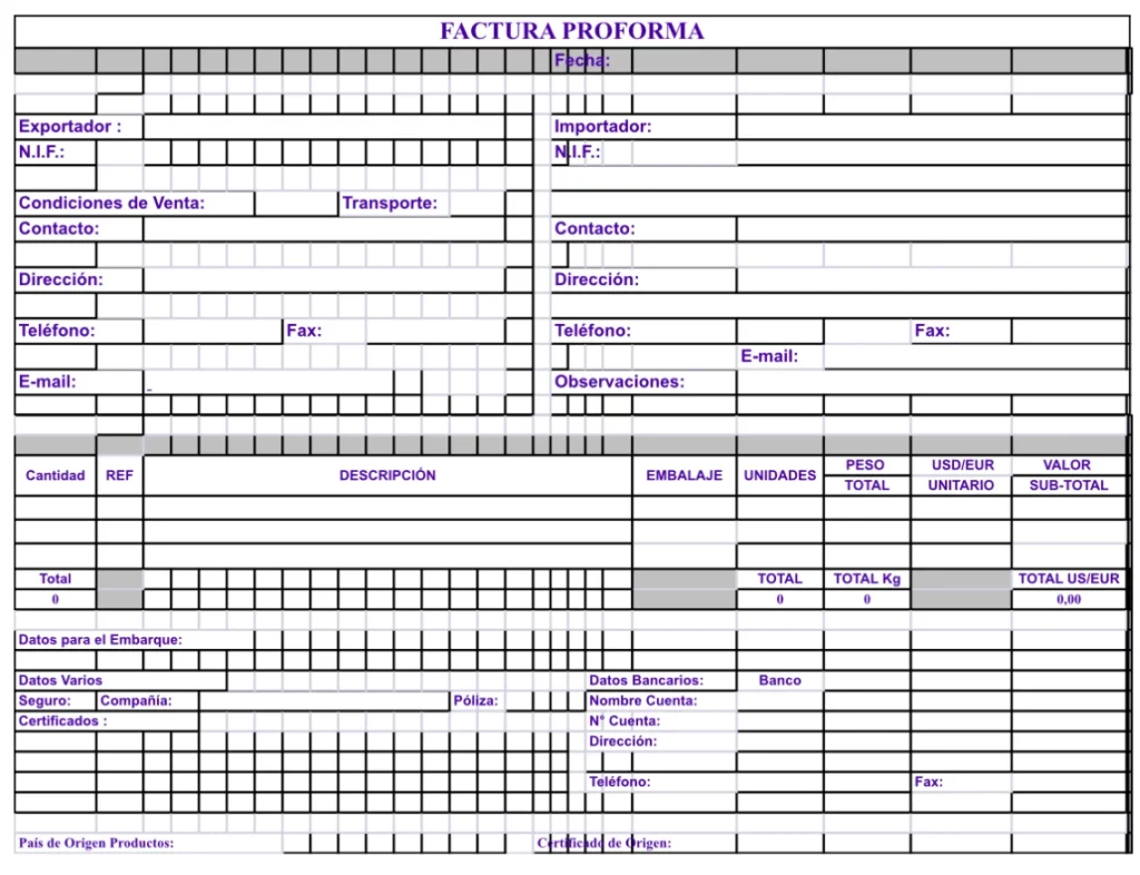 Plantilla de factura proforma general