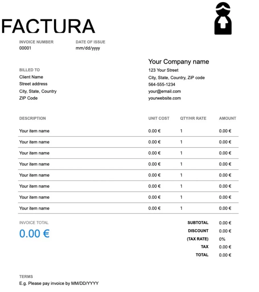 Modelo de factura de taxi en inglés