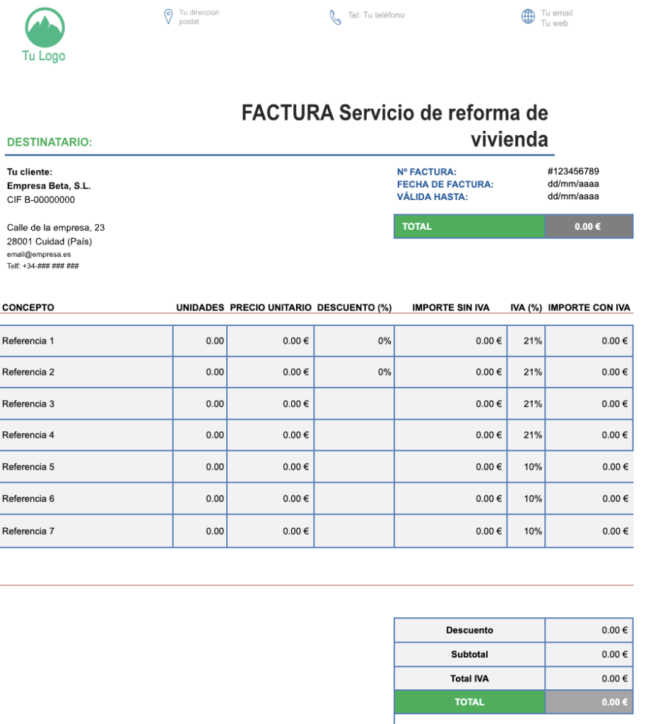 Plantilla de factura de servicio de reforma de vivienda