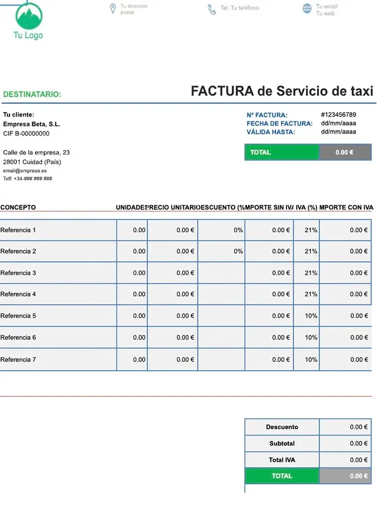 Plantilla de factura de servicio de taxi