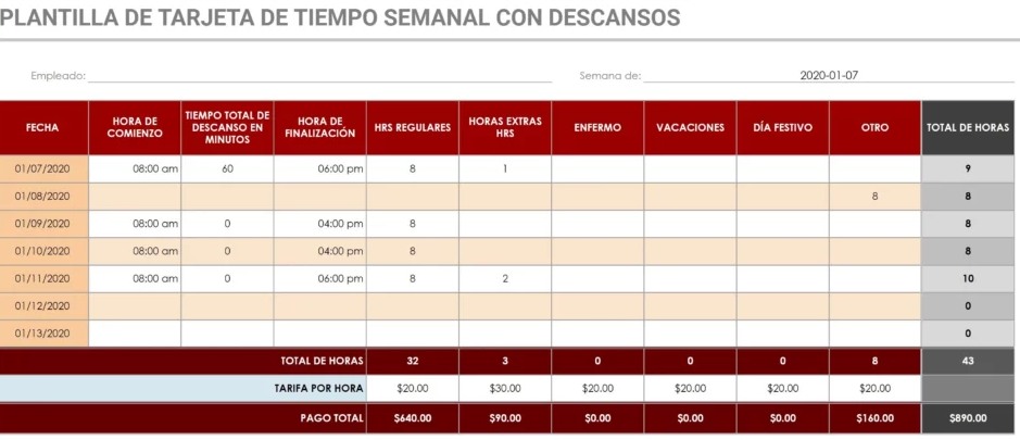 Plantilla de tarjeta de tiempo semanal (con descansos)