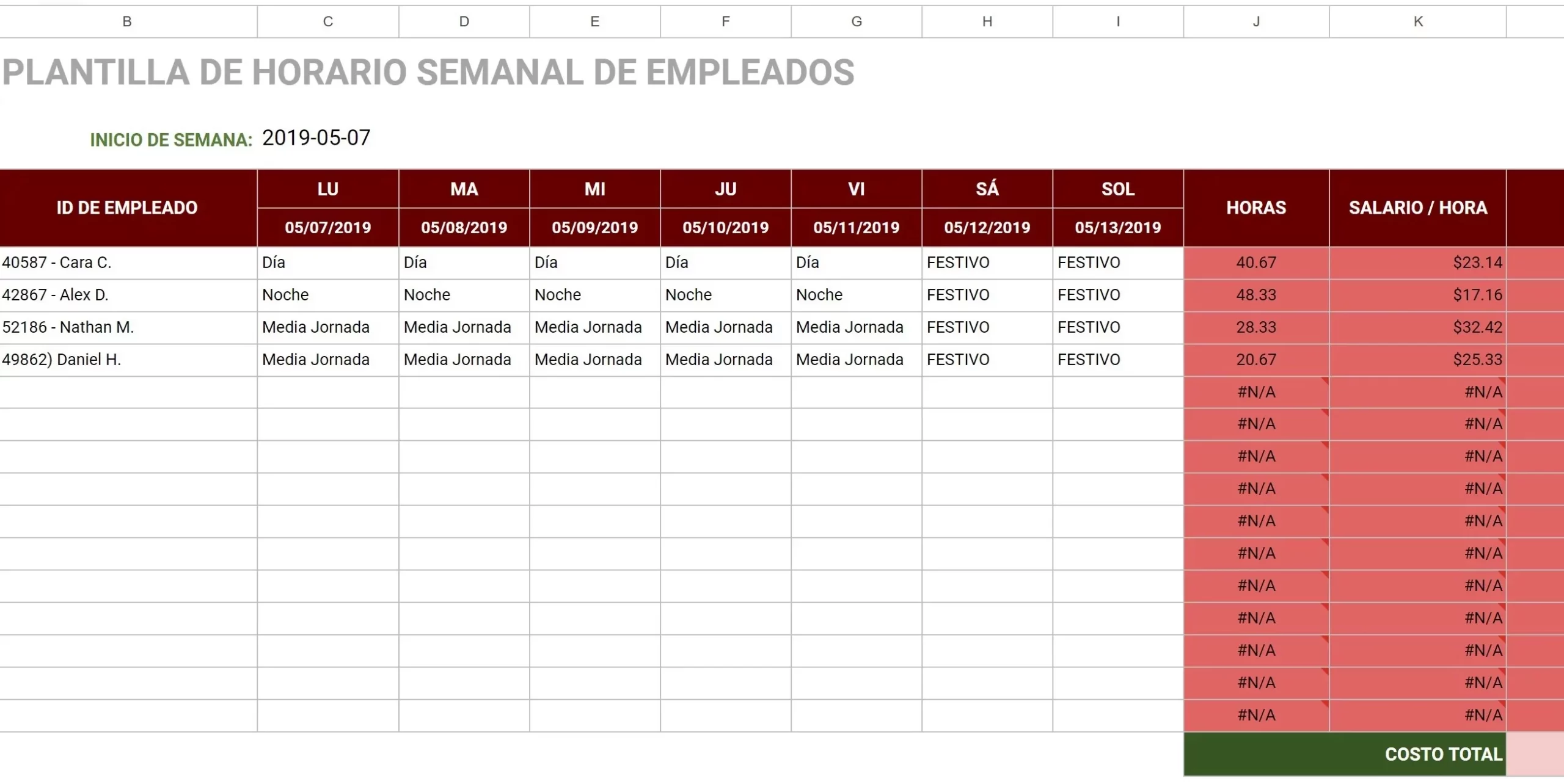 Plantilla de horario semanal de empleados