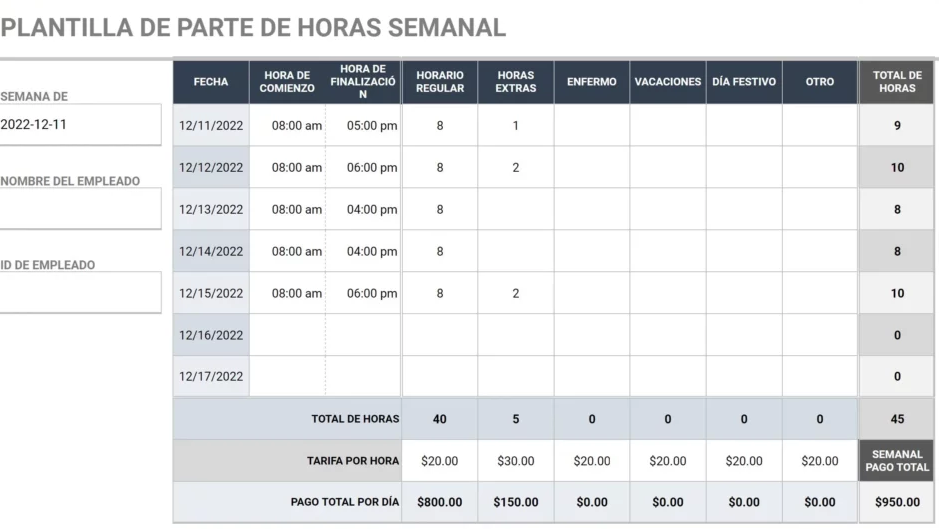 Plantilla de tarjeta de tiempo semanal