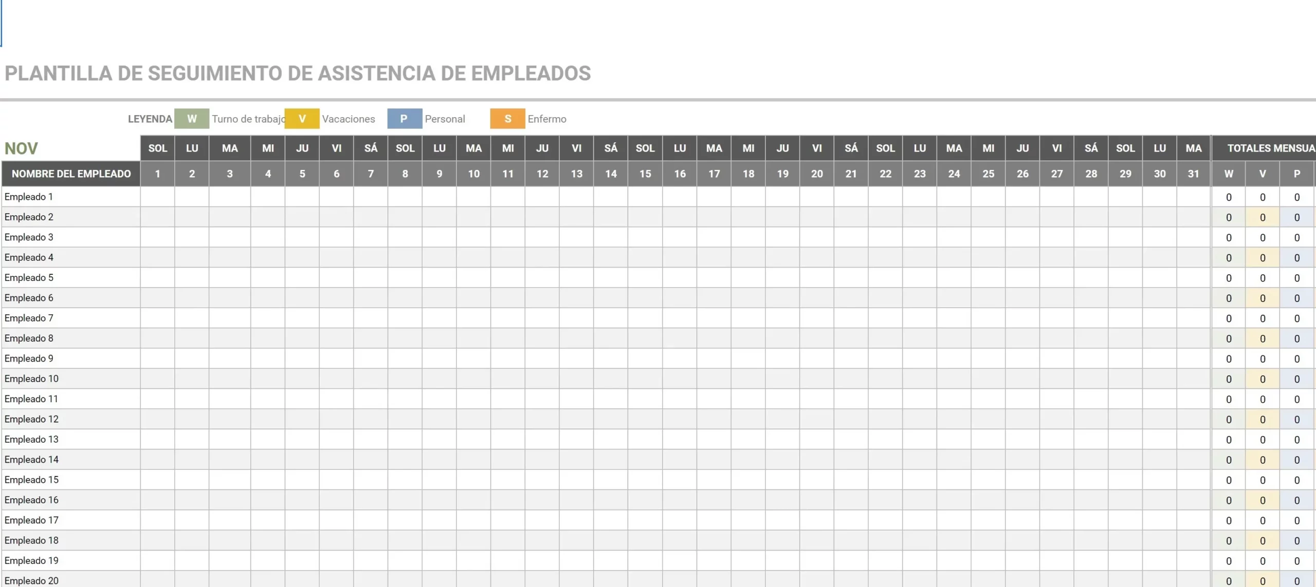 Plantilla de seguimiento de asistencia de empleados mensual