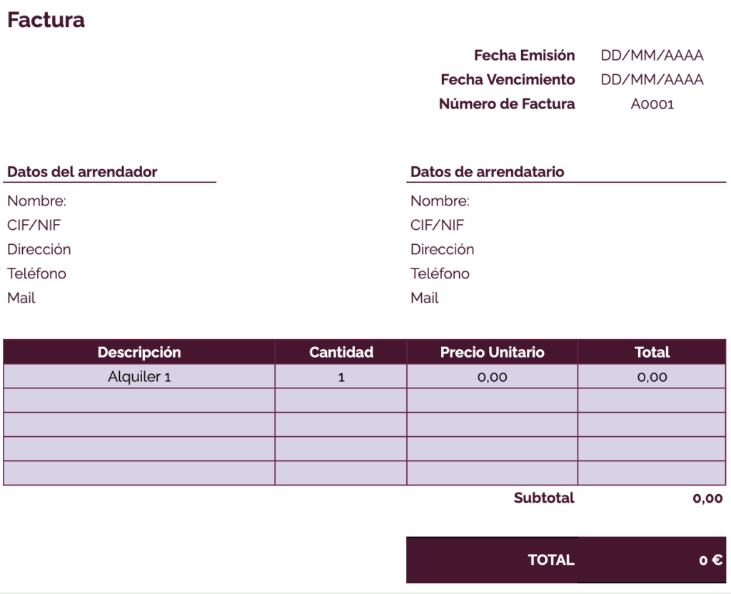 Modelo factura alquiler vivienda sin IVA: plantilla morada