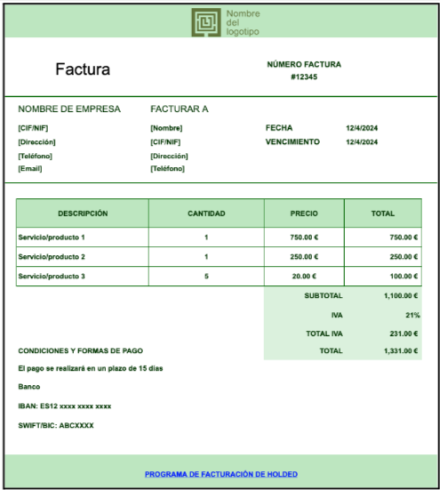 Factura básica y de servicios en Excel